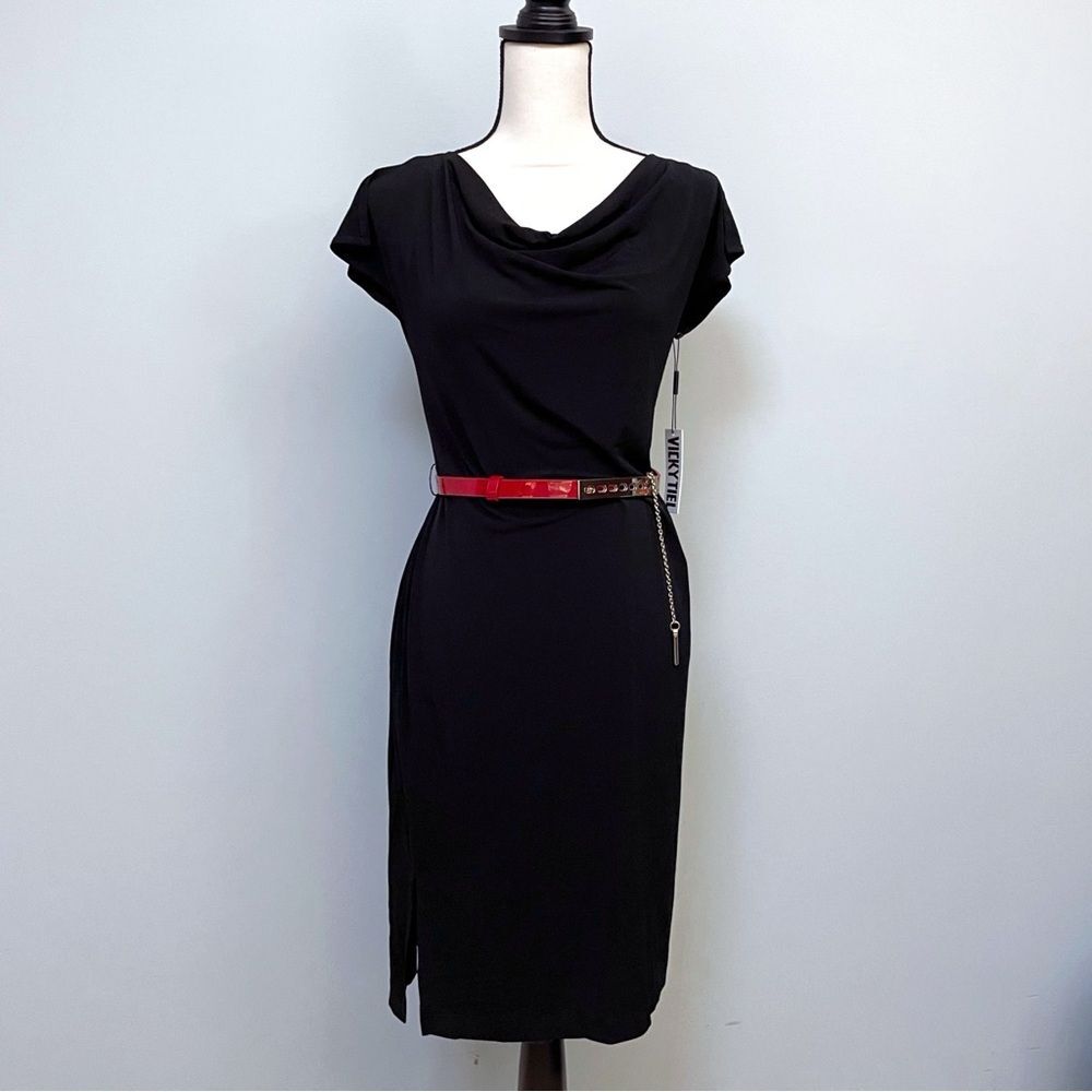 NWT Vicky Tiel Black Belted Bodycon Dress Office Core Boardroom Chic, Women XS